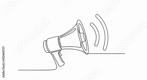 Single Line Drawing of a Megaphone with Sound Waves, Symbolizing Announcement and Communication