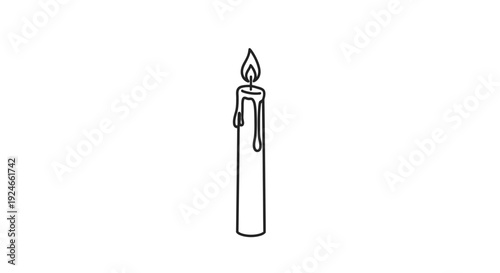 Single Lit Candle with Dripping Wax, Simple Line Art, Isolated on White Background