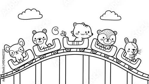 Cartoon Animals Riding Roller Coaster.