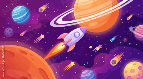 Playful Cartoon Space Adventure: Rocket Flying Past Planets, Saturn, Stars & Comets in a Vibrant Cosmic Scene
