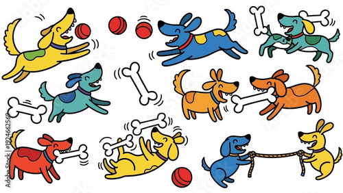 Dogs Playing with Balls and Bones.