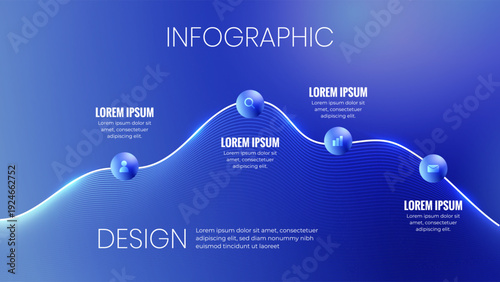 Modern Blue Infographic Design With Data Timeline Wave, Business Analytics Icons and Abstract Background