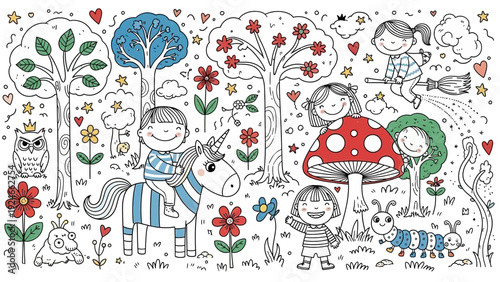 Children Playing with Unicorn in Garden.