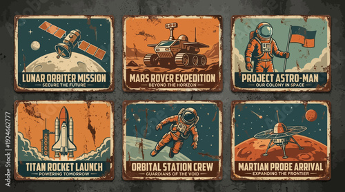 Retro Space Exploration Posters Collection: Vintage Tin Signs of Lunar Missions, Mars Rovers, Astronauts & Rocket Launches