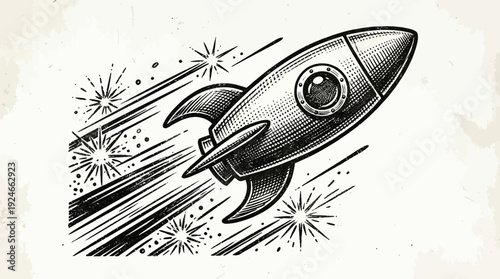 Retro Woodcut Rocket Launch - Engraved Spacecraft Soaring Upwards with Stars and Motion Lines Illustration