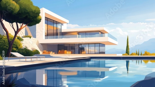 Modern house with pool and mountain view architectural illustration
