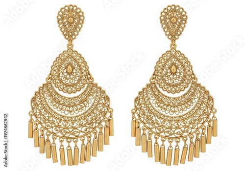 Elegant gold earrings featuring intricate designs and delicate tassels