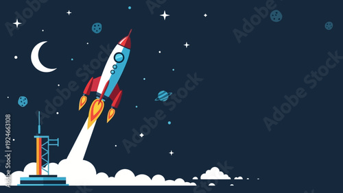 Rocket Launching into Starry Night Sky.