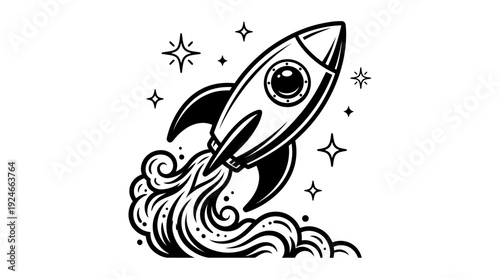 Retro Rocket Launching with Exhaust Smoke and Stars - Space Exploration and Startup Growth Concept