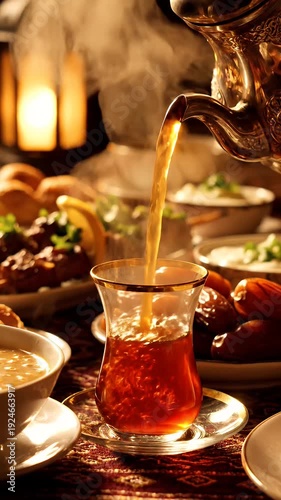Pouring Hot Tea From Ornate Pot into Glass Traditional Middle Eastern Meal Feast