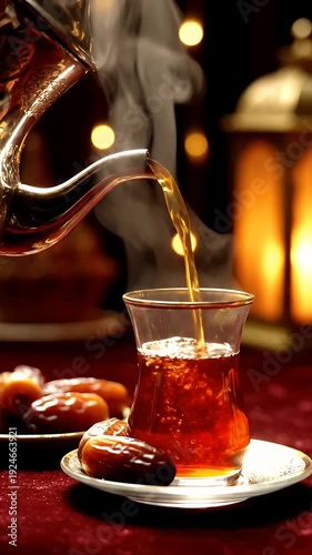 Pouring Hot Tea With Dates Ramadan Lantern Lights Cinematic Footage