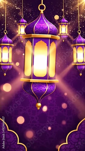 Purple Ramadan Lanterns Illuminate Festive Night Sky with Golden Bokeh Lights