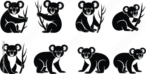 Cartoon Koala Silhouettes in Various Poses with Tree Branches, Cute Wildlife Vector Illustration for Education, Puzzle, Pattern Recognition