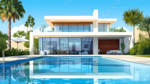 Modern house with swimming pool and palm trees under clear blue sky