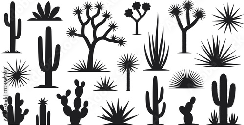 Collection of diverse cactus and desert plant silhouettes including saguaro, prickly pear, barrel cactus, agave, yucca, and Joshua tree designs