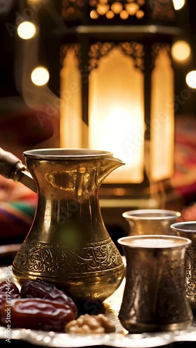 Ramadan Coffee And Dates With Islamic Lantern Bokeh Lights