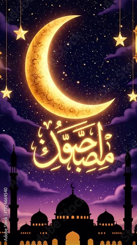Ramadan Crescent Moon and Mosque at Night Stars Lanterns Glow