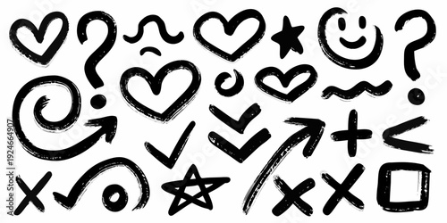 Collection of hand drawn doodles including hearts question marks and symbols