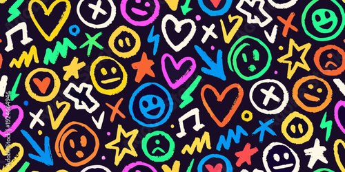 Colorful doodle pattern featuring hearts smiley faces stars and lightning bolts