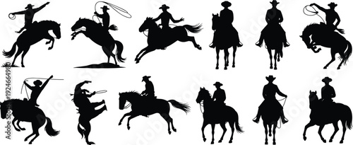 Collection of twelve cowboy silhouettes riding horses in dynamic poses with lassos, western culture illustrations for design and artwork