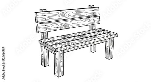 Rustic Wooden Park Bench Drawing - Outdoor Seating Furniture Sketch
