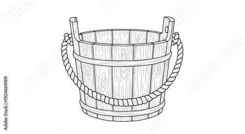 Rustic Wooden Bucket with Rope Handle - Hand-Drawn Illustration
