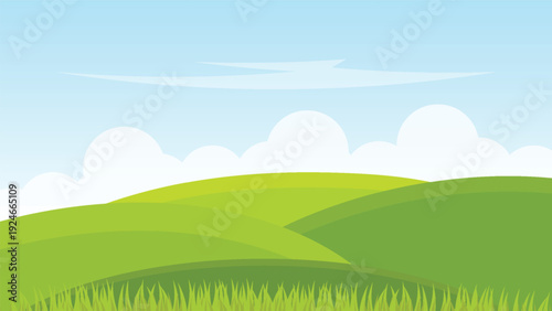 summer landscape background with green field and blue sky cartoon scene