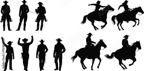 Cowboy Silhouettes Standing and Riding Horses with Lassos, Western Ranch Culture Vector Illustration for Rodeo, Frontier Lifestyle, Wild West