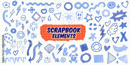Colorful doodle illustrations and scrapbook elements on a grid background