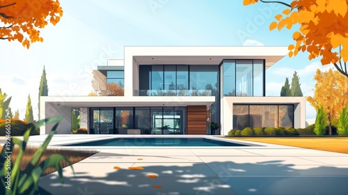 Modern luxury home exterior with swimming pool and autumn landscape view