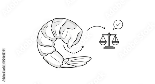 Shrimp preparation: peeling and deveining for cooking, with a checkmark indicating quality.