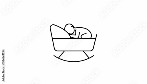 Minimalist Line Art Icon of a Newborn Baby Sleeping Peacefully in a Rocking Bassinet