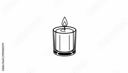 Minimalist line art illustration of a lit candle in a glass holder, symbolizing peace and tranquility.