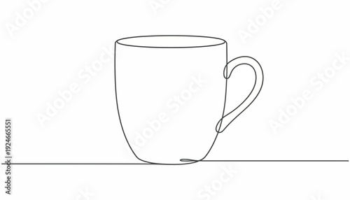 Minimalist single line drawing of a coffee mug on a white background