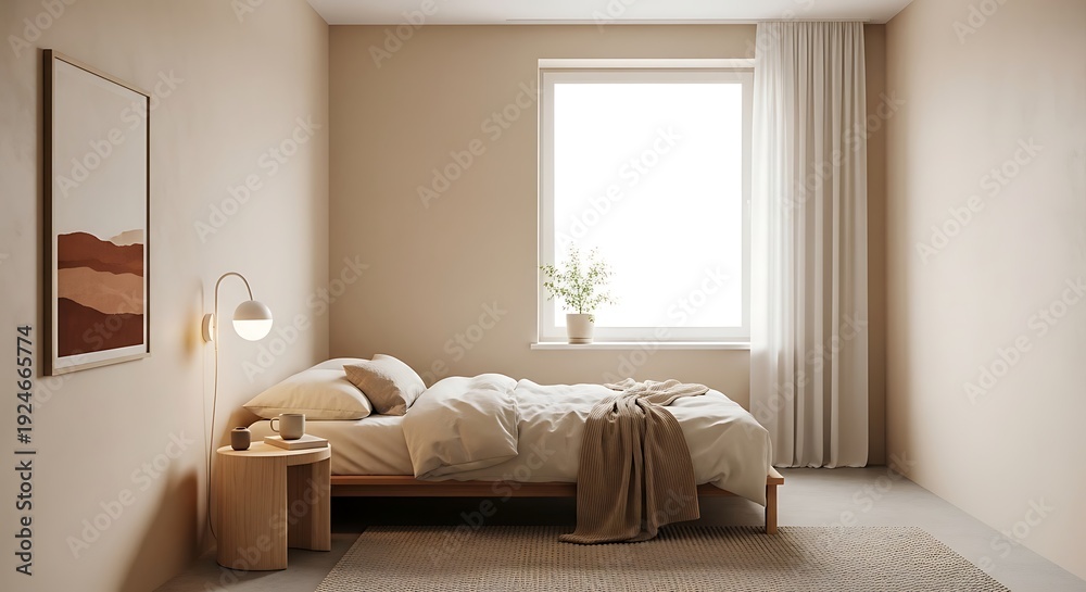 Fototapeta premium Warm and inviting bedroom interior with soft neutral tones, a comfortable bed, and minimalist decor.
