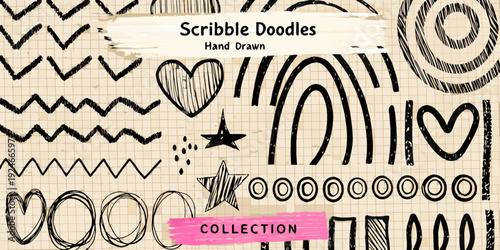 Collection of hand drawn scribble doodles and sketched patterns on beige