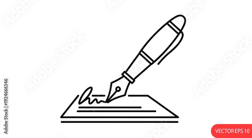 Fountain Pen Signing Document with Signature - Line Art Icon