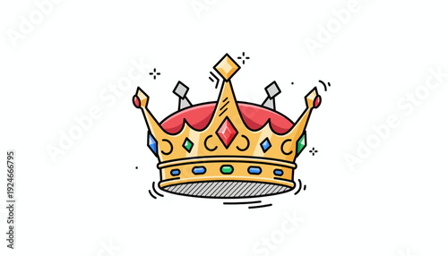 Golden Royal Crown with Jewels, Symbol of Power and Royalty, Cartoon Style