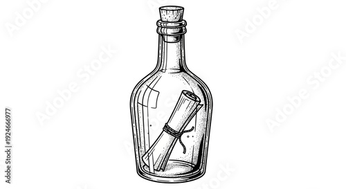 Hand Drawn Message in a Bottle Sketch, Vintage Scroll Tied with String in Glass Container