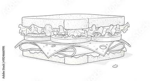 Hand Drawn Sketch of a Delicious Sandwich with Lettuce, Tomato, and Cheese