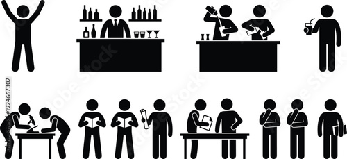 People activity silhouette icons set featuring bartender, students, workers, teamwork, learning, celebration and daily lifestyle actions isolated on white background