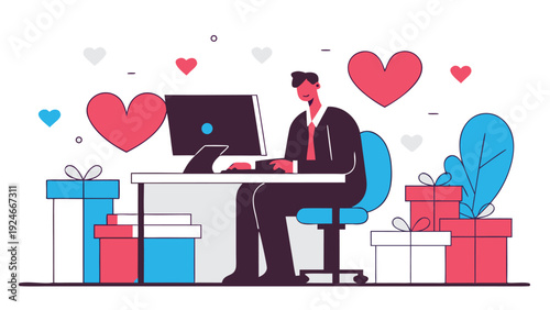 Professional man typing on a desktop computer in an office surrounded by red and blue gift boxes and hearts.