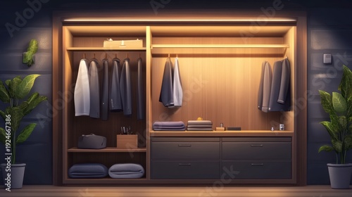 Modern wooden wardrobe displaying assorted clothing in warm interior lighting
