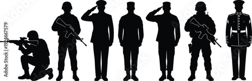 Military personnel silhouette set featuring armed soldiers, officers saluting, and tactical combat poses representing defense forces, security service, and army professionalism