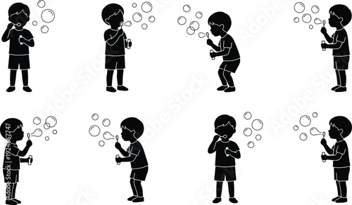 Kids silhouette collection showing children blowing soap bubbles in playful poses representing childhood happiness, outdoor fun and joyful lifestyle activities
