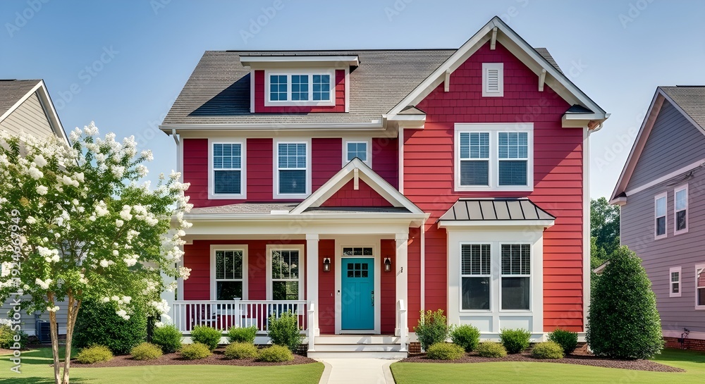 Fototapeta premium AI generated residential exterior of a vibrant red house with white trim and a teal door. The property includes a covered porch, symmetrical windows, landscaped shrubs, and a manicured green lawn.