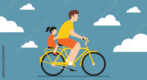 Father and Daughter Riding a Bicycle Under Clouds
