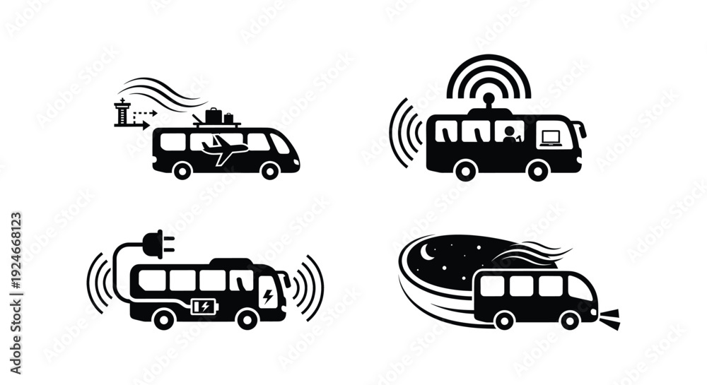 Obraz premium Airport Shuttle and Electric Charging Bus Service Icons