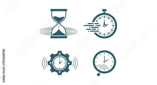 Four distinct clock symbols representing different time management concepts
