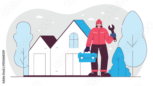 Tradesman standing outside a white house in winter, holding a wrench and a toolbox with snowy trees.